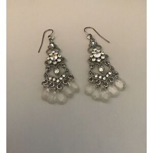 Pretty Silver Aurora Borealis Rhinestone & Bead Chandelier Earrings